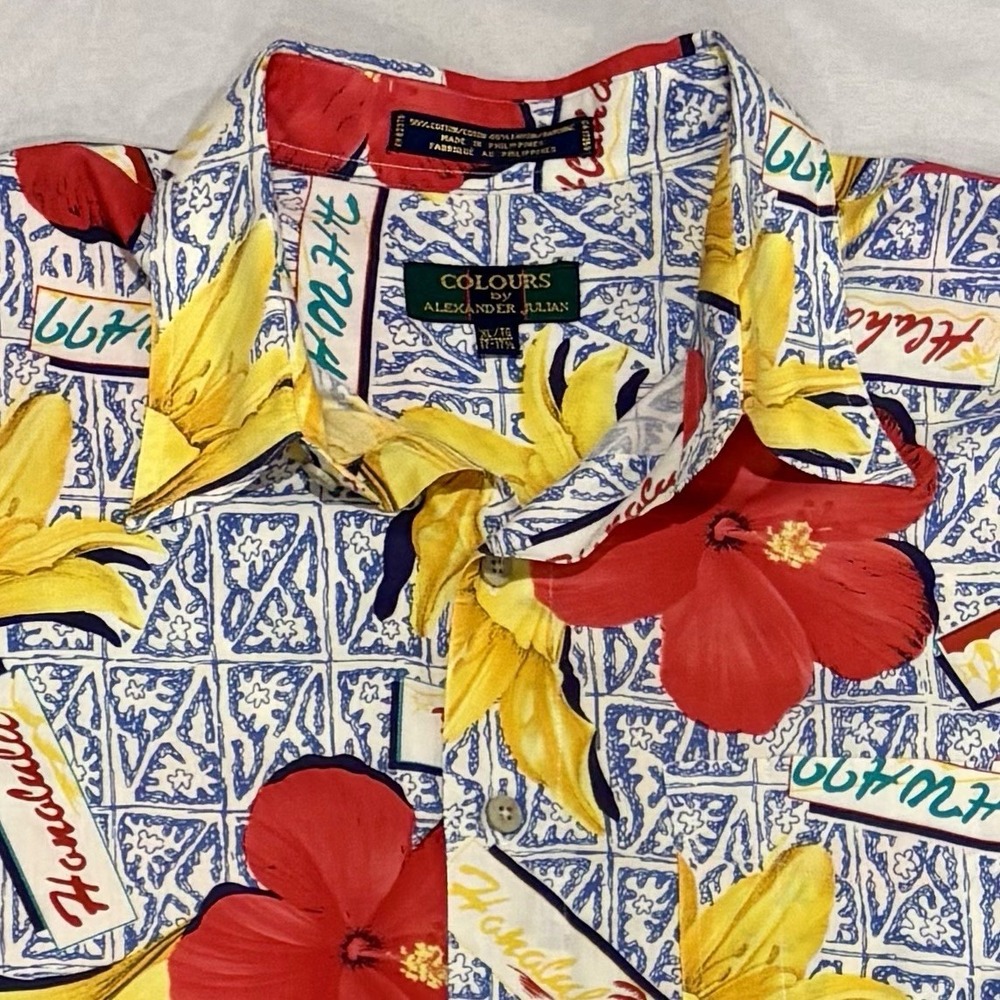 Vintage 90s Alexander Julian Colours Floral Hawaiian Shirt Men XL Button Up - Picture 9 of 11